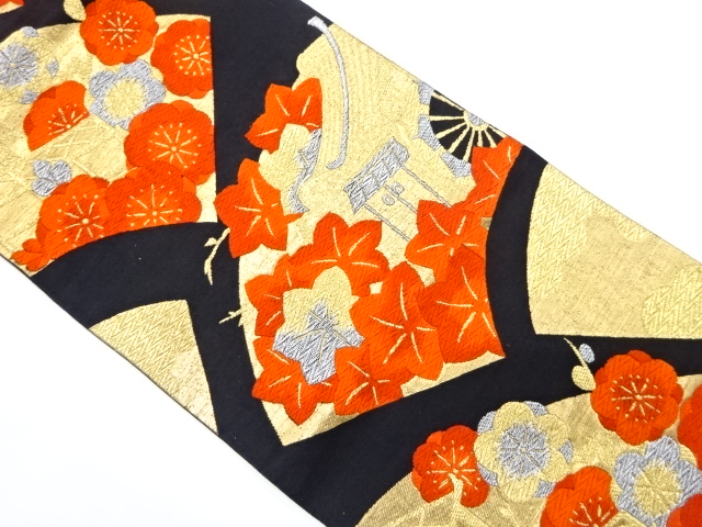 JAPANESE KIMONO / ANTIQUE FUKURO OBI / SILK / WOVEN CARRIAGE & UME